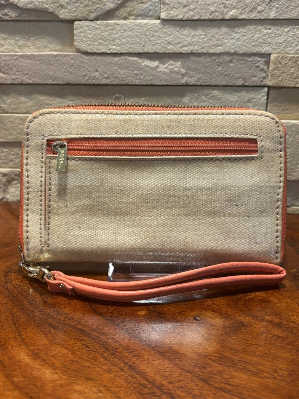 Fossil Striped Canvas Zip-Around Wristlet Wallet Coral Orange Trim Vintage Style